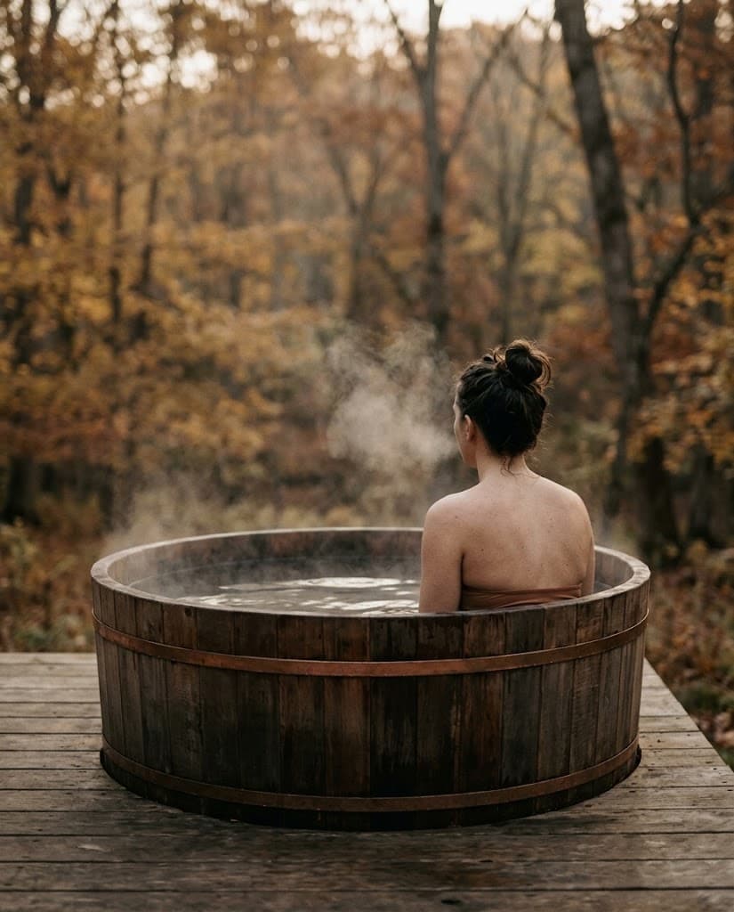A woman sits in a wooden cold plunge tub on a deck in the autumn woods, steam rising off the water
