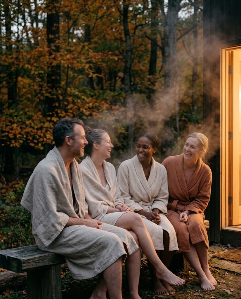 Four friends in robes laugh together on a bench outside the sauna at dusk