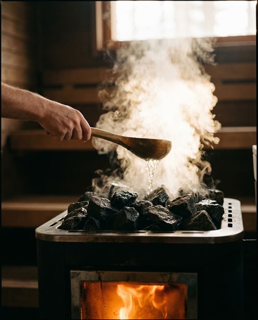 Water poured from a wooden ladle onto hot sauna stones, steam rising
